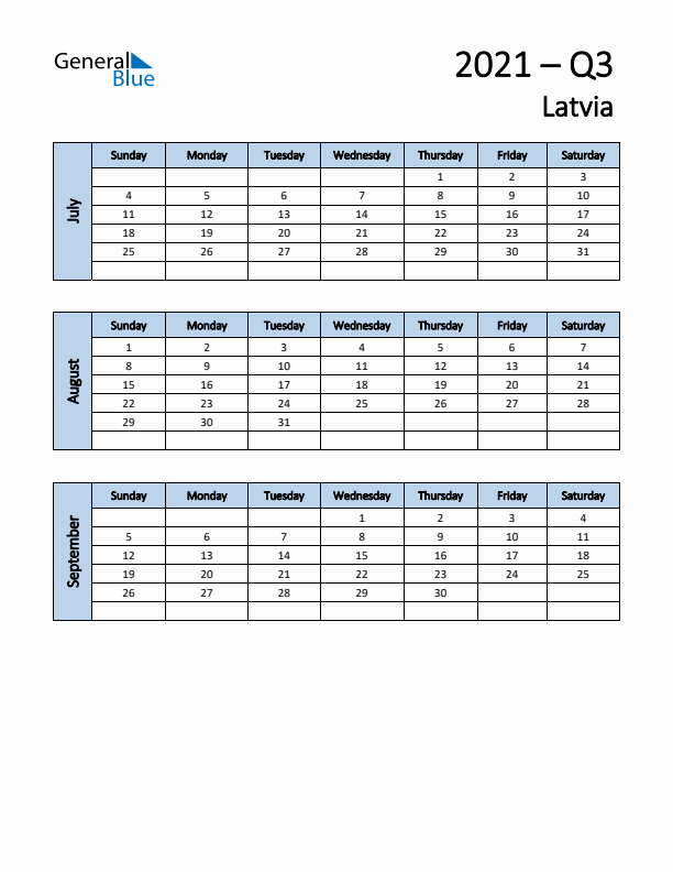 Free Q3 2021 Calendar for Latvia - Sunday Start