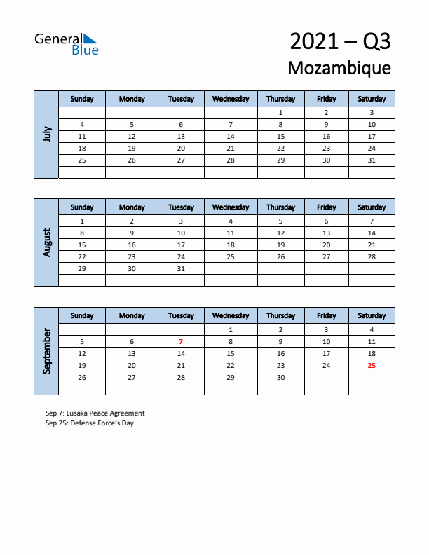 Free Q3 2021 Calendar for Mozambique - Sunday Start