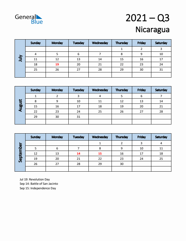 Free Q3 2021 Calendar for Nicaragua - Sunday Start