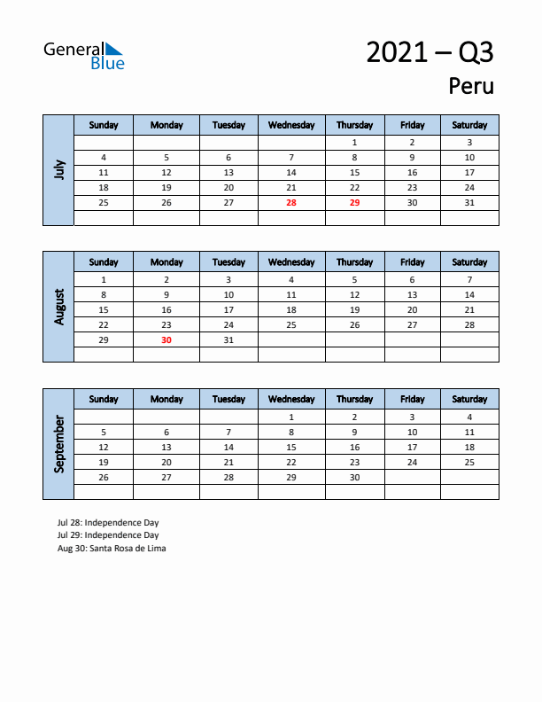 Free Q3 2021 Calendar for Peru - Sunday Start