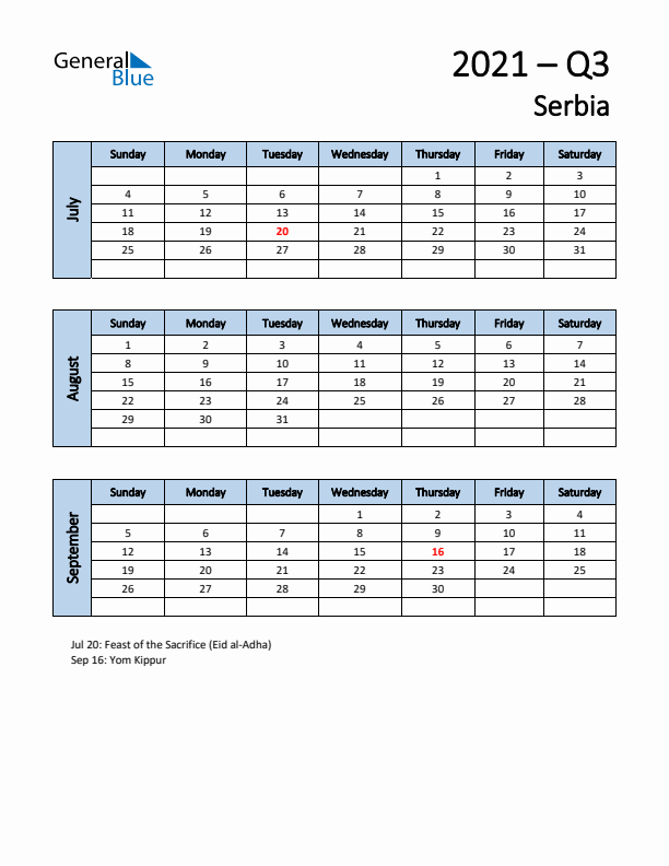 Free Q3 2021 Calendar for Serbia - Sunday Start