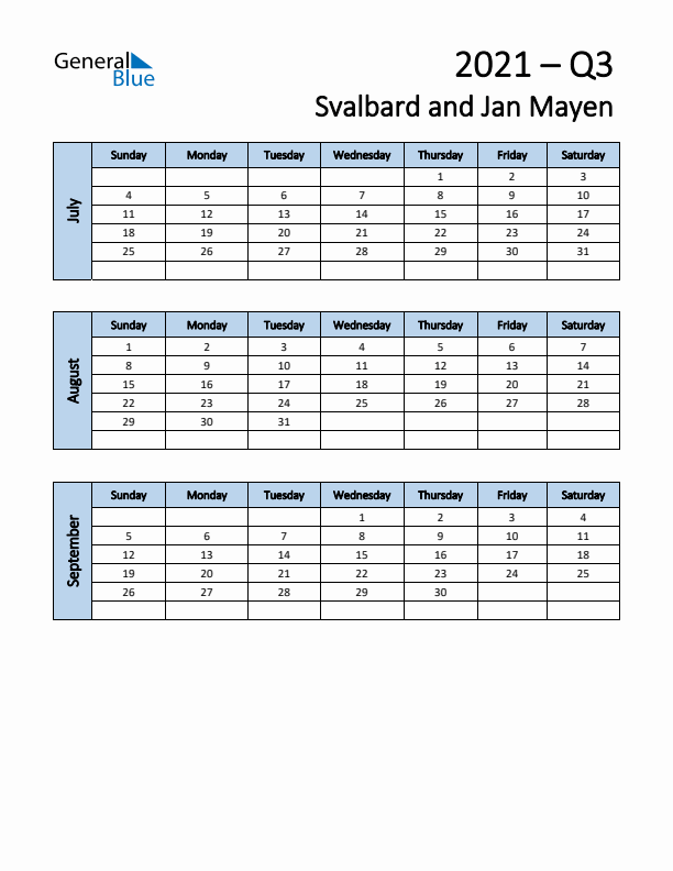 Free Q3 2021 Calendar for Svalbard and Jan Mayen - Sunday Start