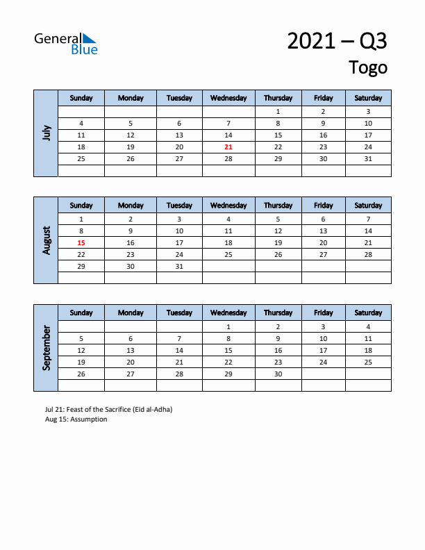 Free Q3 2021 Calendar for Togo - Sunday Start