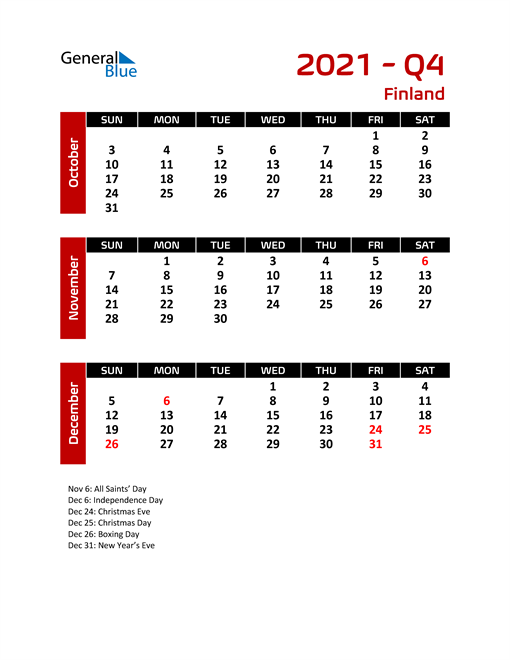  Q4 2021 Calendar with Holidays
