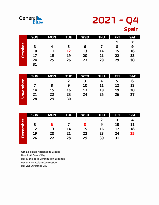 Q4 2021 Calendar with Holidays
