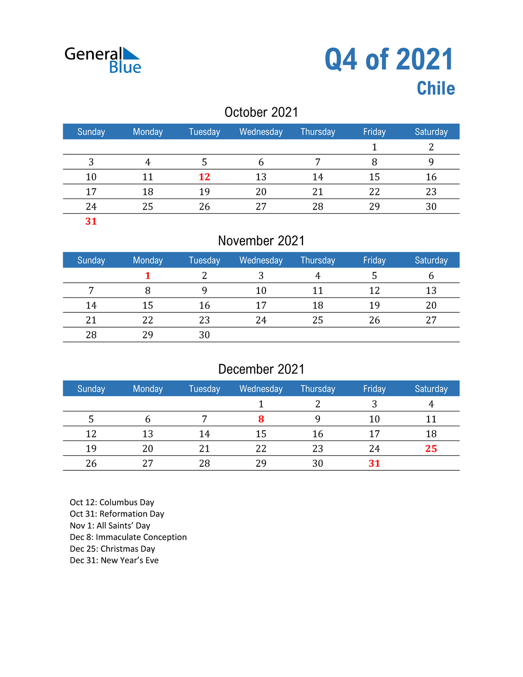 Chile 2021 Quarterly Calendar 