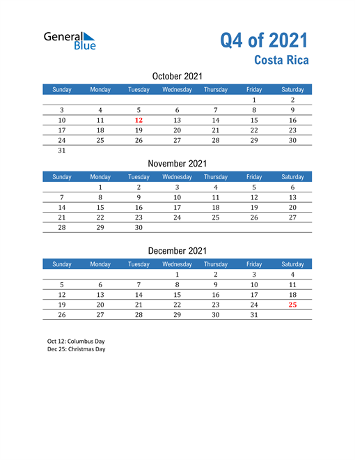 Costa Rica 2021 Quarterly Calendar 