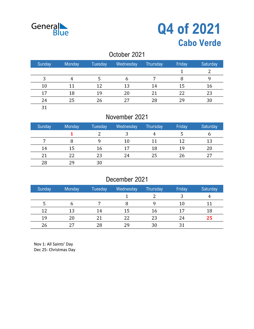  Cabo Verde 2021 Quarterly Calendar 