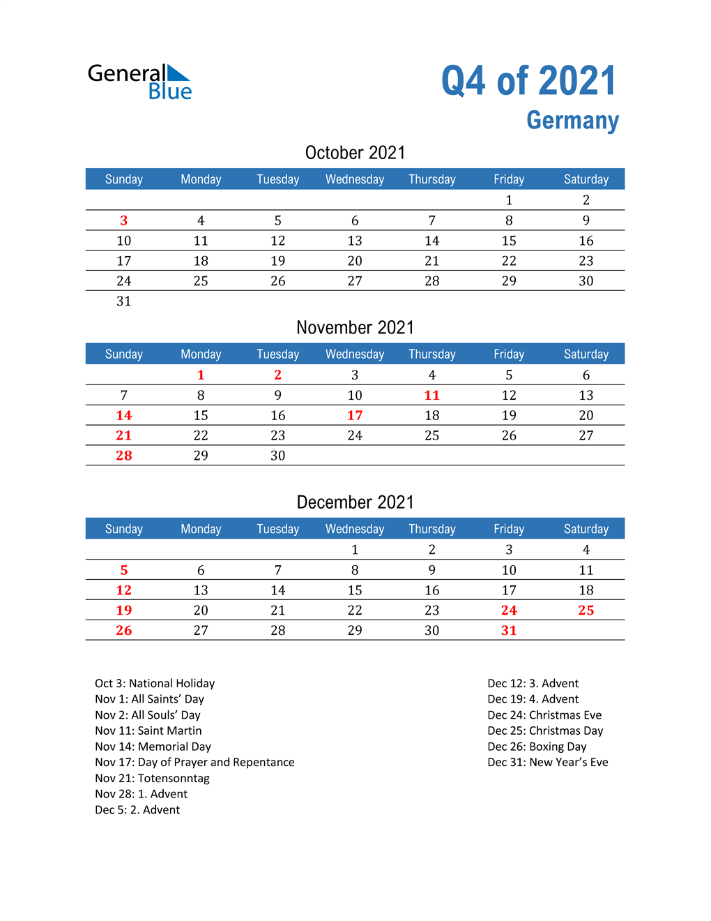  Germany 2021 Quarterly Calendar 
