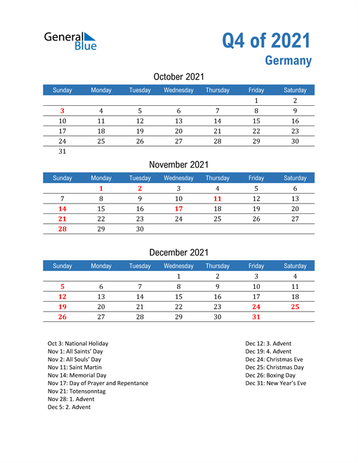  Germany 2021 Quarterly Calendar 