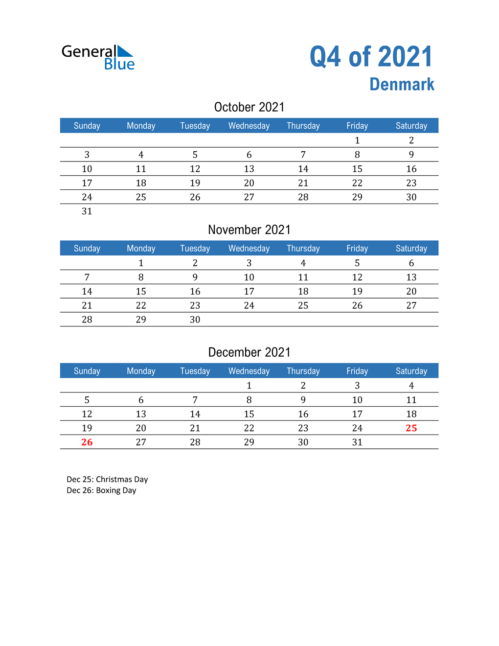  Denmark 2021 Quarterly Calendar 
