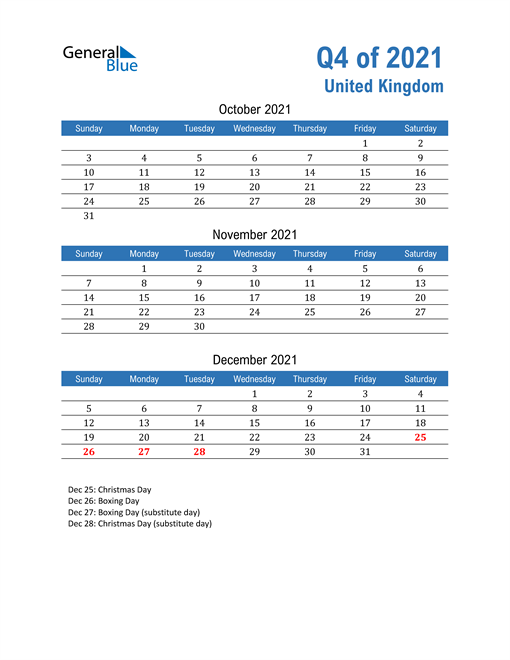  United Kingdom 2021 Quarterly Calendar 