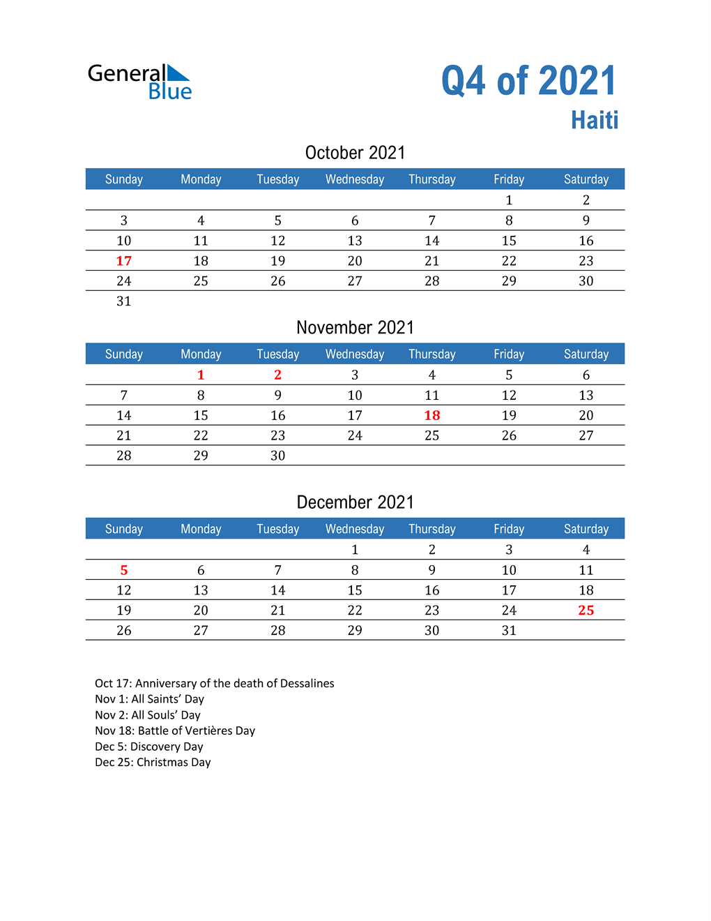  Haiti 2021 Quarterly Calendar 
