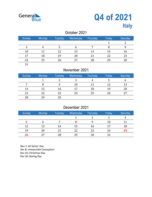  Italy 2021 Quarterly Calendar 