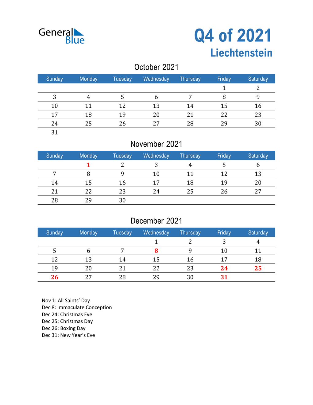  Liechtenstein 2021 Quarterly Calendar 