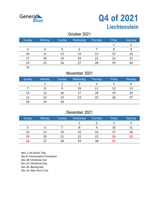  Liechtenstein 2021 Quarterly Calendar 