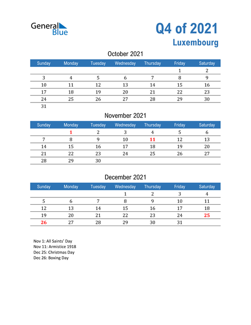  Luxembourg 2021 Quarterly Calendar 