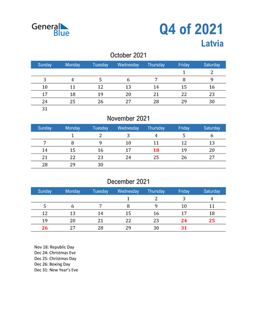  Latvia 2021 Quarterly Calendar 