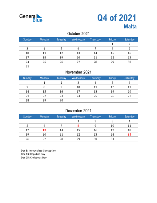  Malta 2021 Quarterly Calendar 