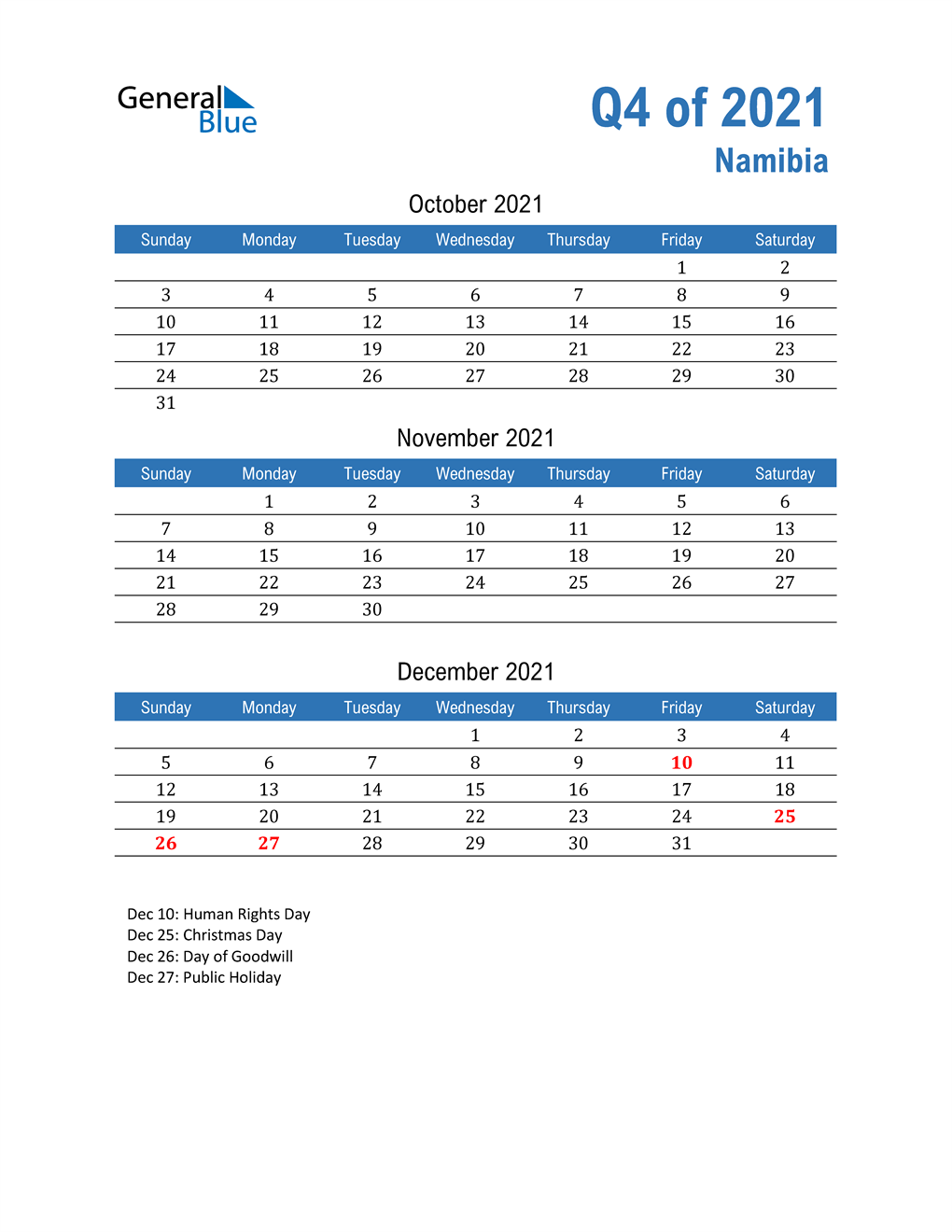  Namibia 2021 Quarterly Calendar 