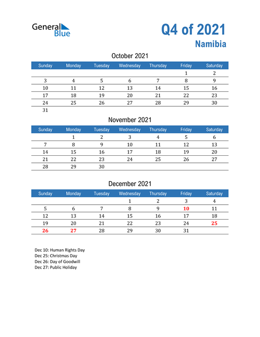  Namibia 2021 Quarterly Calendar 