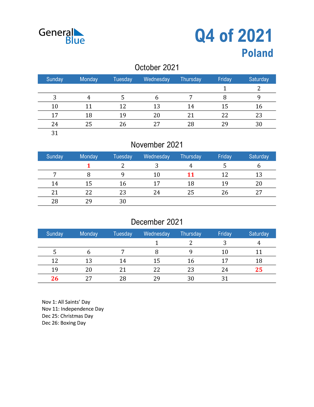  Poland 2021 Quarterly Calendar 