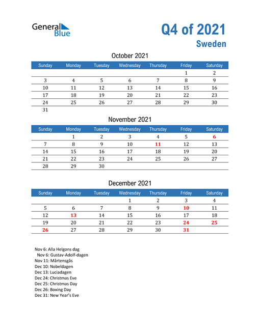  Sweden 2021 Quarterly Calendar 