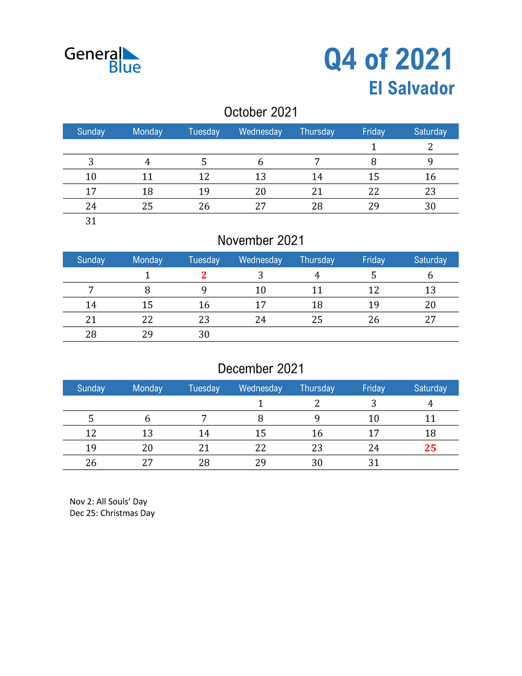  El Salvador 2021 Quarterly Calendar 