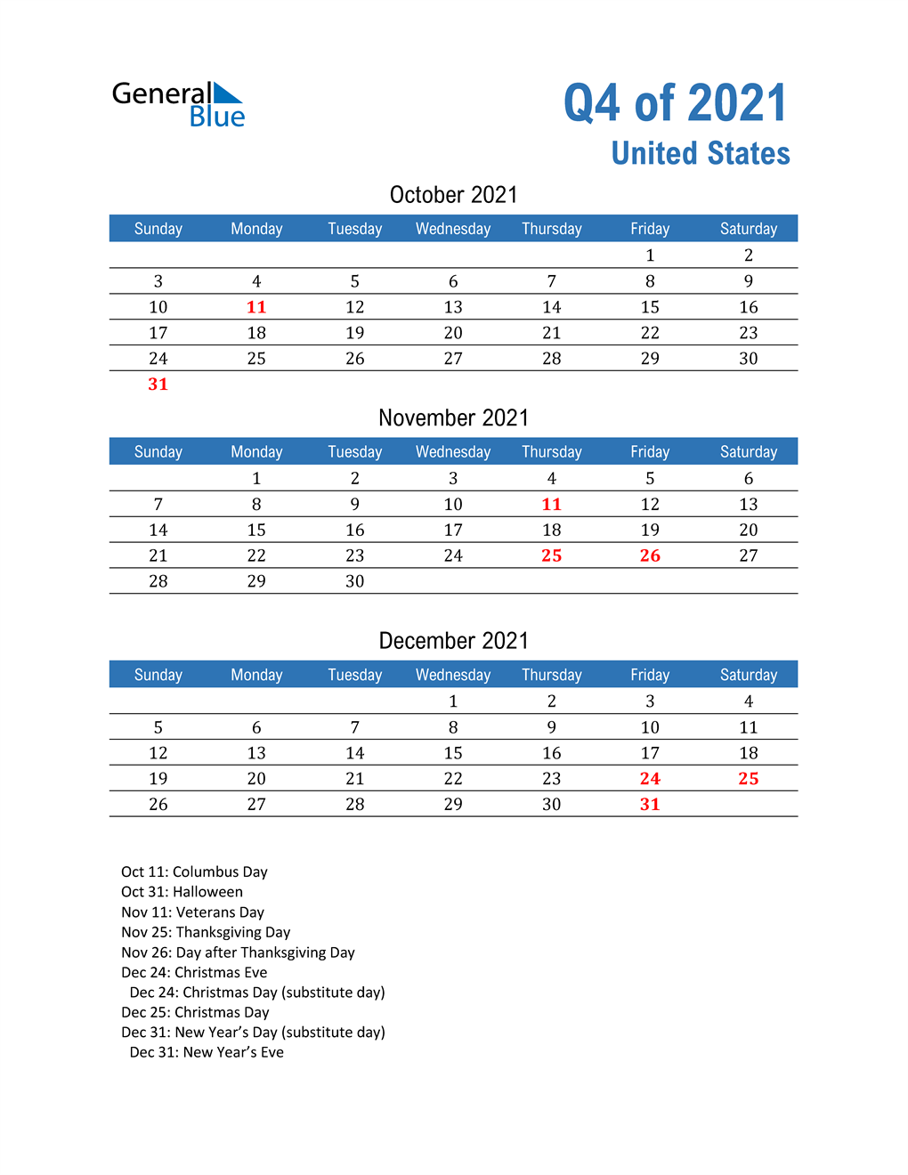  United States 2021 Quarterly Calendar 