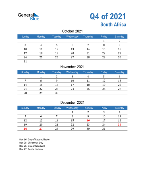  South Africa 2021 Quarterly Calendar 