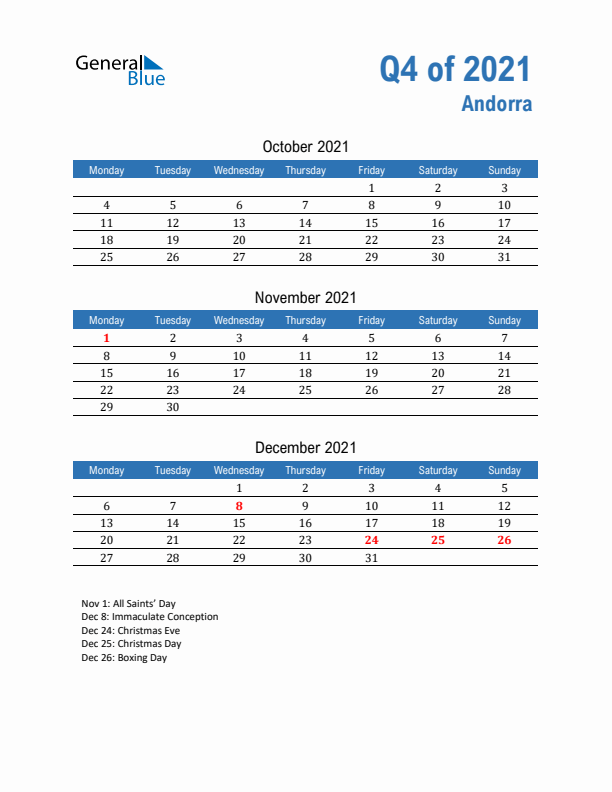 Andorra 2021 Quarterly Calendar with Monday Start