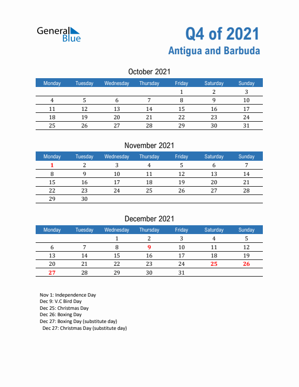 Antigua and Barbuda 2021 Quarterly Calendar with Monday Start