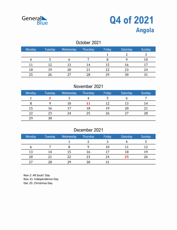 Angola 2021 Quarterly Calendar with Monday Start