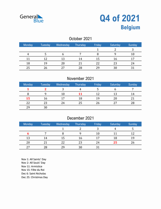 Belgium 2021 Quarterly Calendar with Monday Start