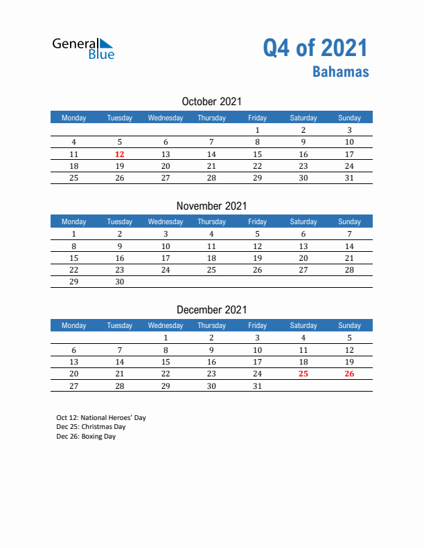 Bahamas 2021 Quarterly Calendar with Monday Start
