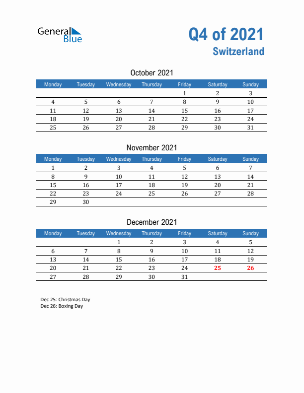 Switzerland 2021 Quarterly Calendar with Monday Start