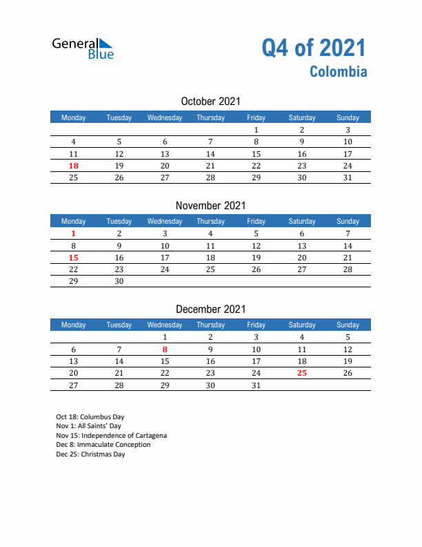 Colombia 2021 Quarterly Calendar with Monday Start