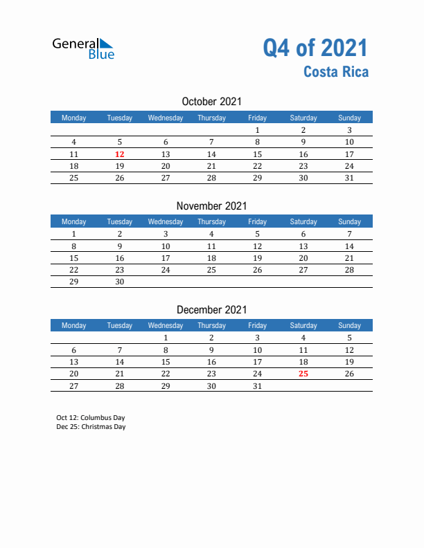 Costa Rica 2021 Quarterly Calendar with Monday Start