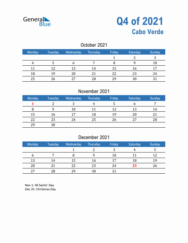Cabo Verde 2021 Quarterly Calendar with Monday Start