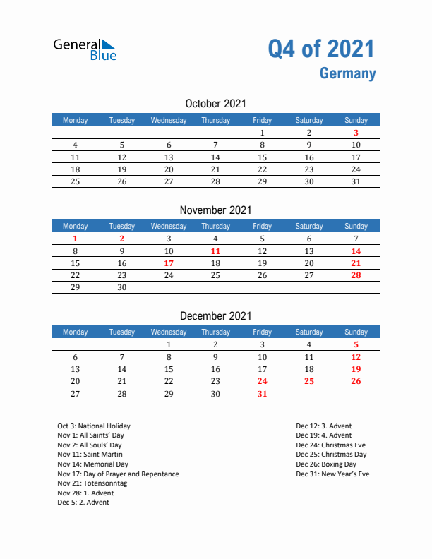 Germany 2021 Quarterly Calendar with Monday Start
