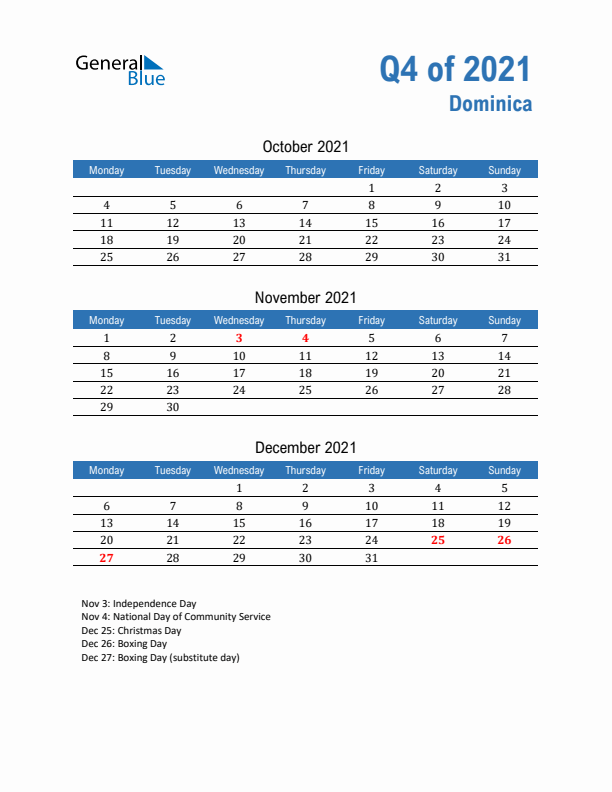 Dominica 2021 Quarterly Calendar with Monday Start