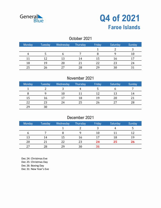 Faroe Islands 2021 Quarterly Calendar with Monday Start