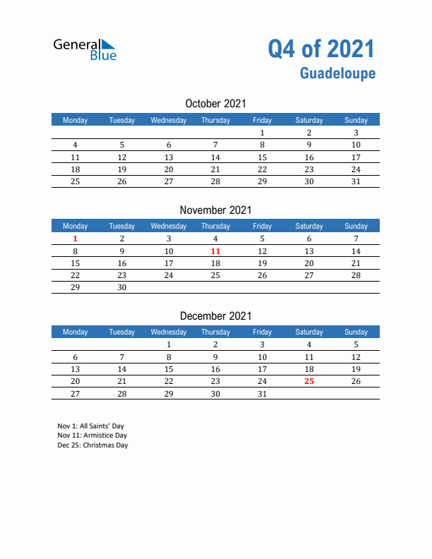 Guadeloupe 2021 Quarterly Calendar with Monday Start