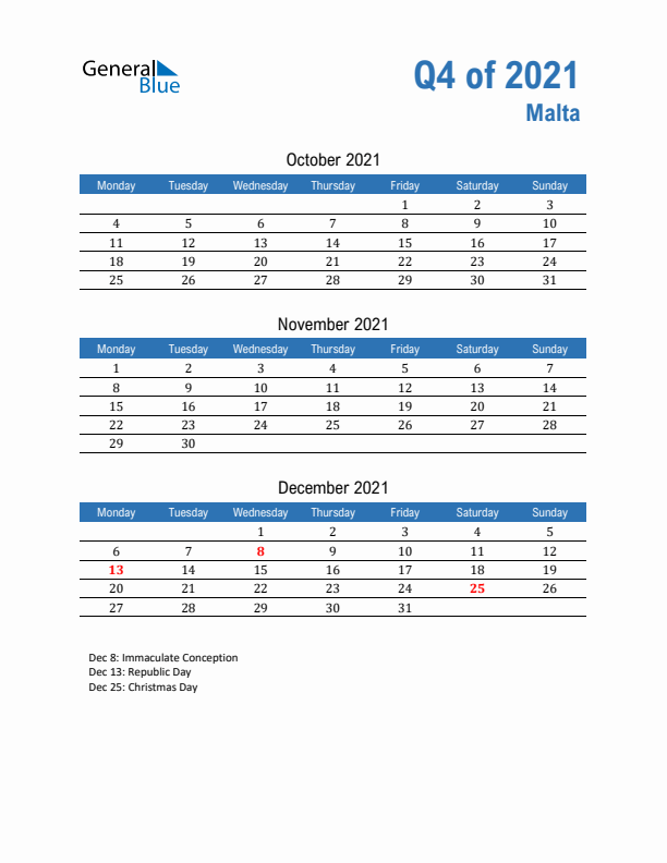 Malta 2021 Quarterly Calendar with Monday Start