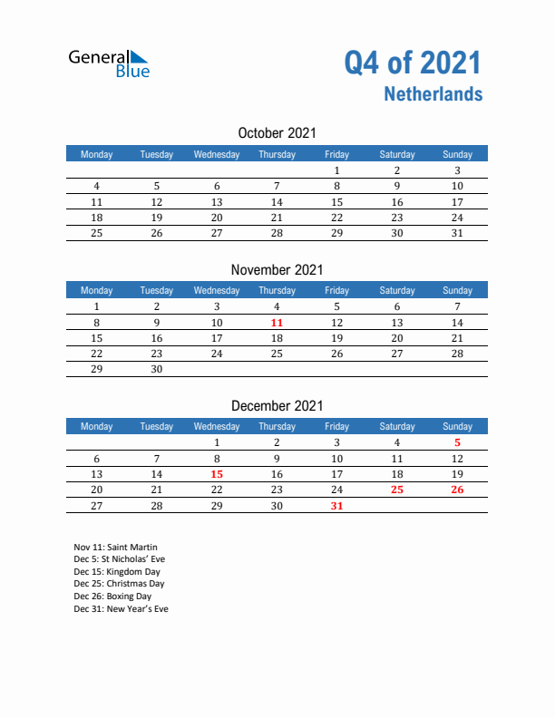 The Netherlands 2021 Quarterly Calendar with Monday Start