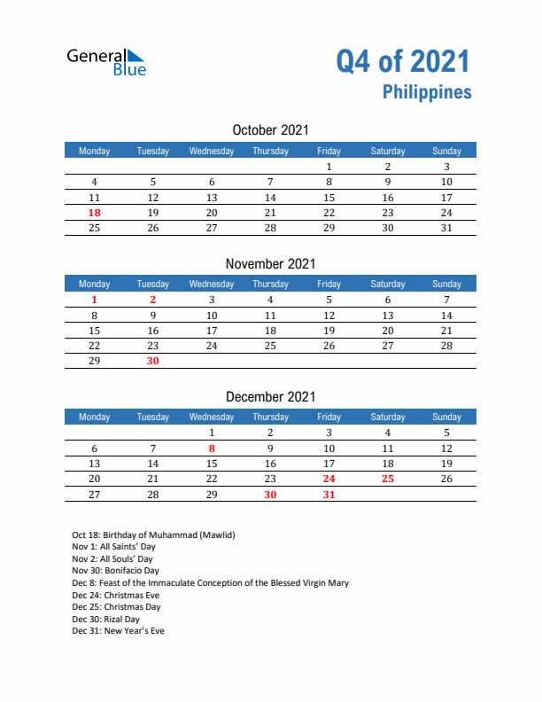 Philippines 2021 Quarterly Calendar with Monday Start