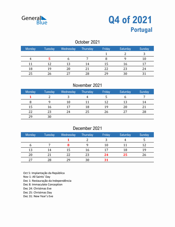 Portugal 2021 Quarterly Calendar with Monday Start