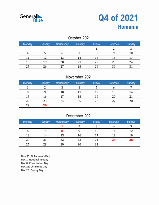 Romania 2021 Quarterly Calendar with Monday Start