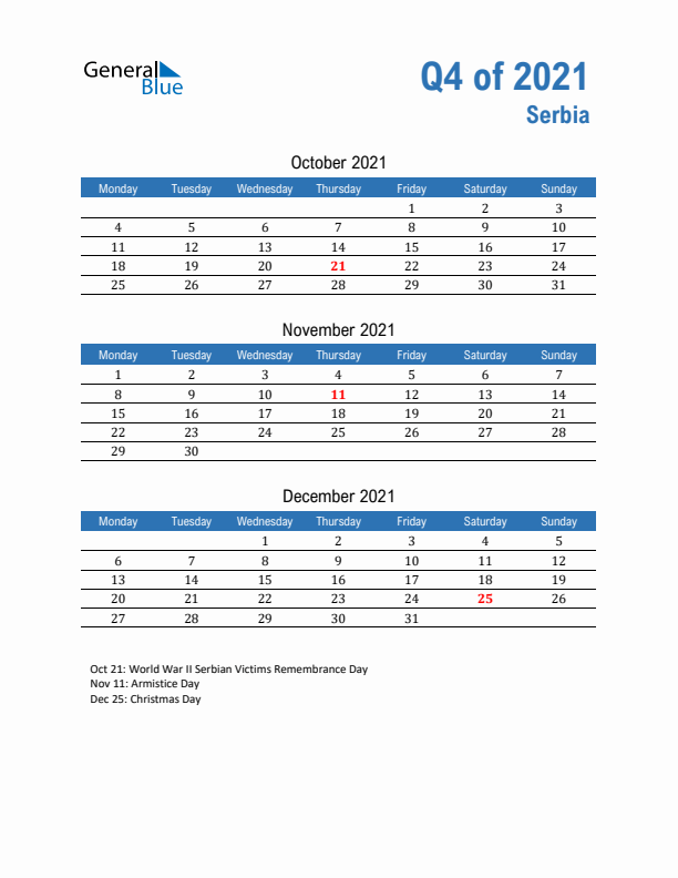 Serbia 2021 Quarterly Calendar with Monday Start