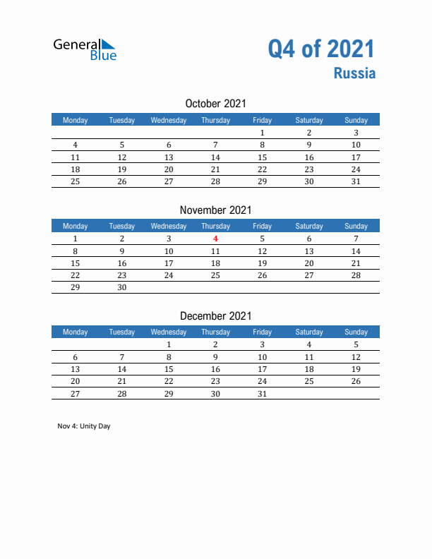 Russia 2021 Quarterly Calendar with Monday Start